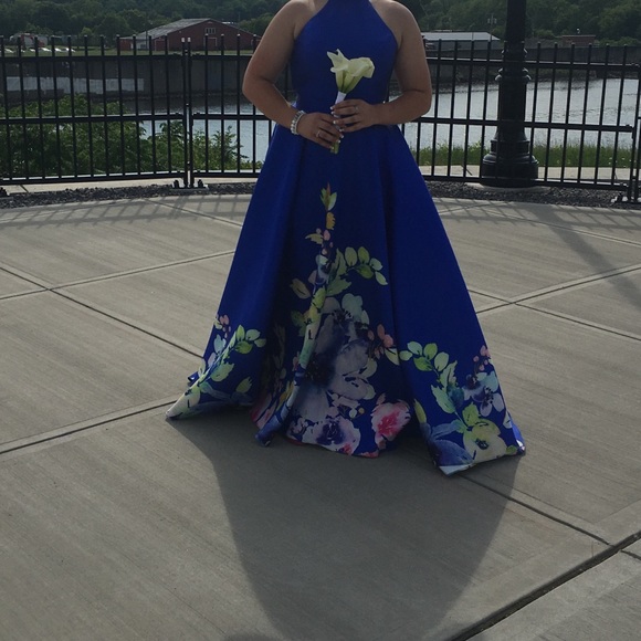 Alyce 1309 Cobalt Floral Print Prom Dress - Picture 3 of 4
